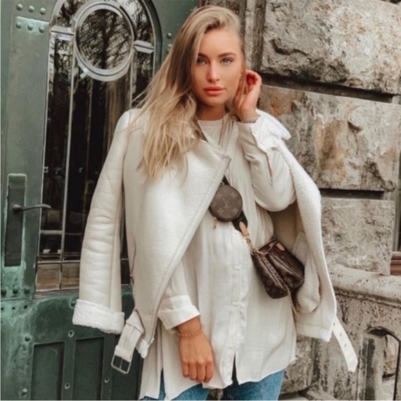 Zara Double-Faced Jacket Oversized White Faux Suede Blogger Fave Moto Biker M - Picture 13 of 16